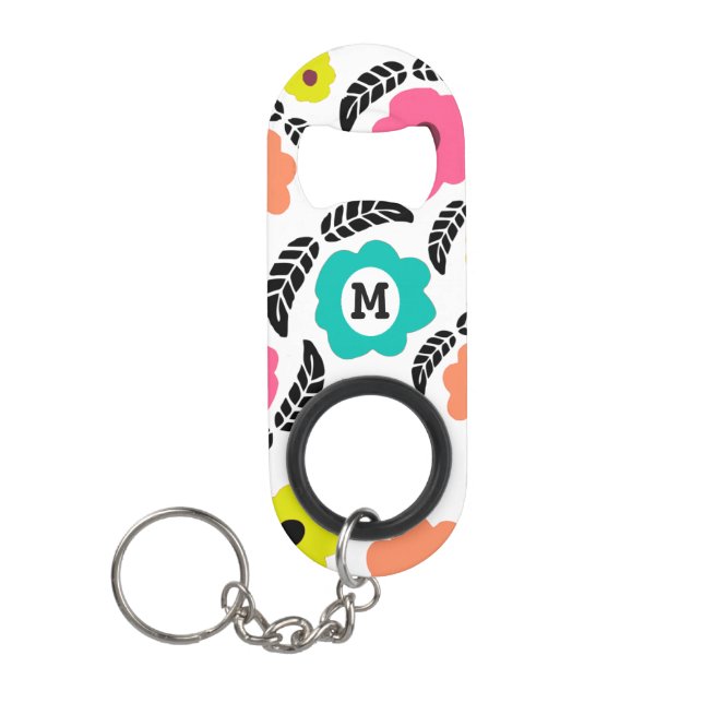 Porte-clé Décapsuleur Fleurs lumineuses modernes et monogramme à feuille (Devant)