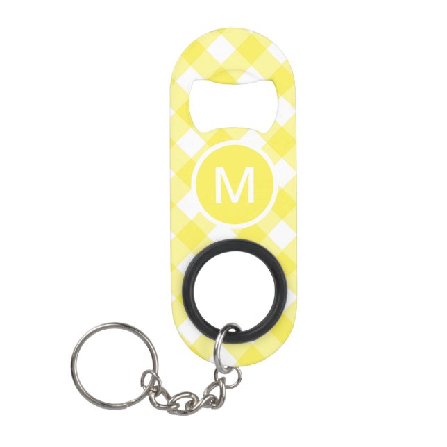 Porte-clé Décapsuleur Gingham Classique Jaune Clair à Monogramme (Devant)
