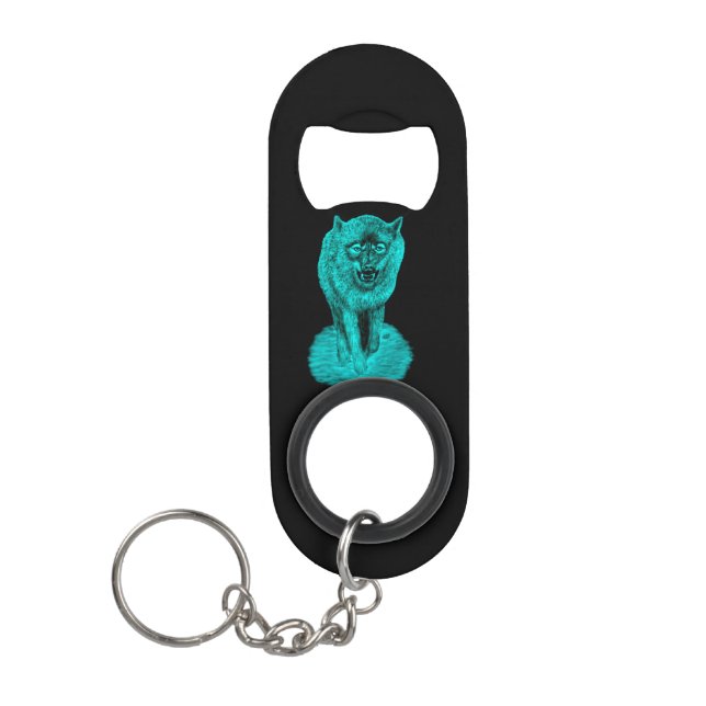 Porte-clé Décapsuleur Loup noir en colère dans la nuit (Devant)