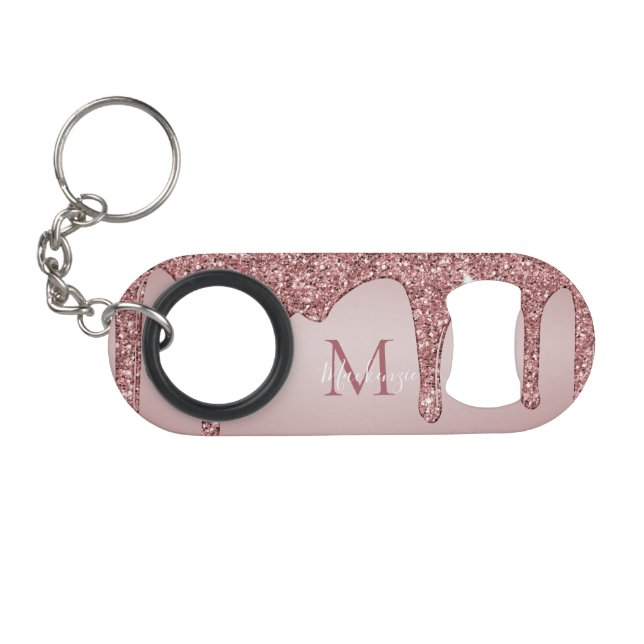 Porte-clé Décapsuleur Monogramme de paillettes scintillantes en or rose  (Devant (Horizontal))