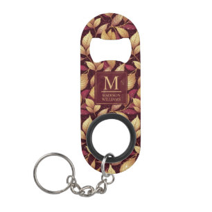 Porte-clé Décapsuleur Motif de feuilles d'automne pailletées rouge borde
