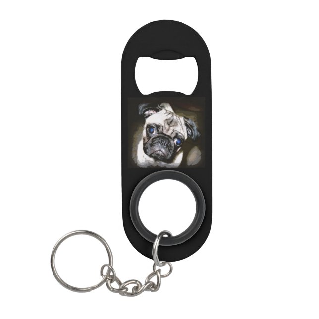 Porte-clé Décapsuleur noir mignon de visage de carlin (Devant)