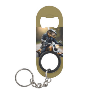 Porte-clé Décapsuleur Revved Up Rex : T-Rex en cuir sur une moto,
