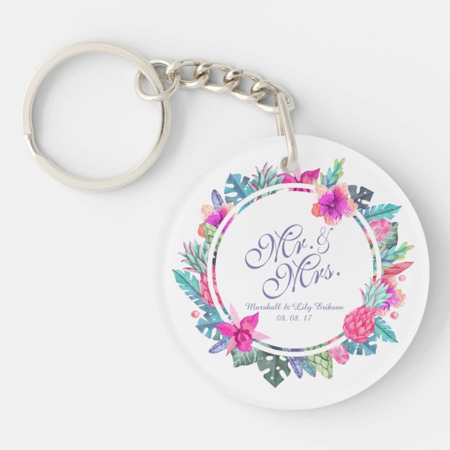 Porte - clé Mariage floral tropical personnalisé (Devant)
