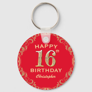 Porte-clés 16e anniversaire Parties scintillant rouge et or c