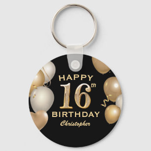 Porte-clés 16e fête d'anniversaire Ballons noirs et or