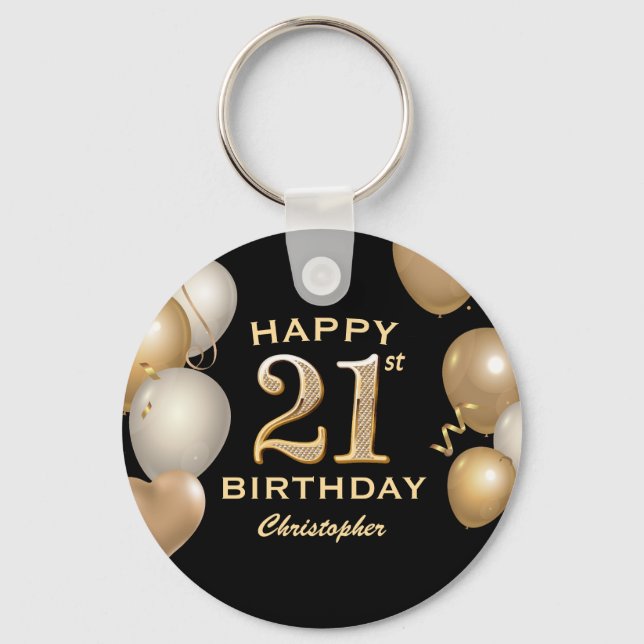 Porte-clés 21e fête d'anniversaire Ballons Noir et Or (Recto)