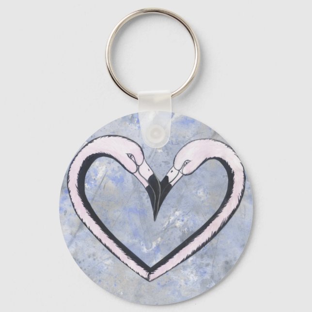 Porte-clés 2 Flamant rose baiser coeur sur bleu (Recto)