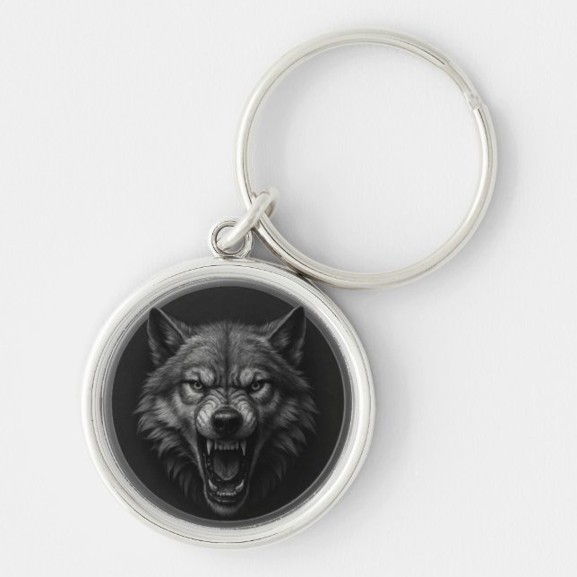 Porte-clés 3D Wolf Head Silver Medallion Style Keychain  (Devant)