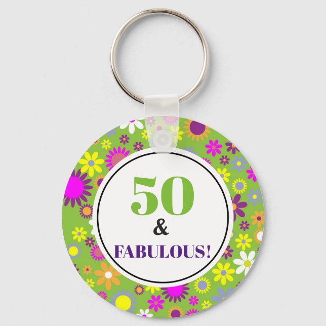 Porte-clés 50 et fabuleux 50e anniversaire Purple Green Flora (Recto)
