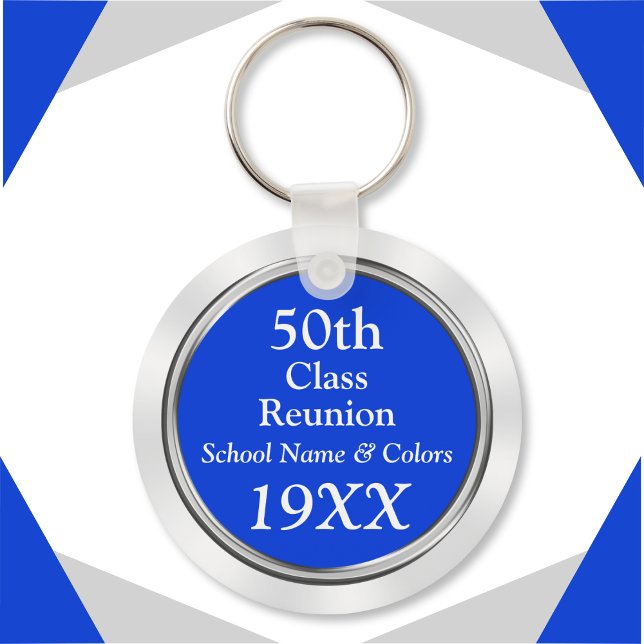 Porte-clés 50e Classe Idées Cadeaux de Réunion, Votre Texte,  (50 year class reunion souvenirs. Blue, White and Silver, 50th class reunion keychains. 50th reunion.)