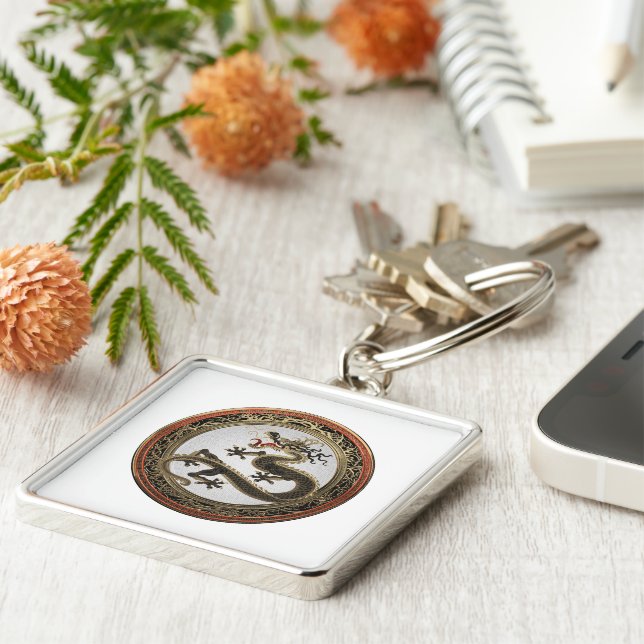 Porte-clés [600] Dragon oriental sacré noir et or (Côté)