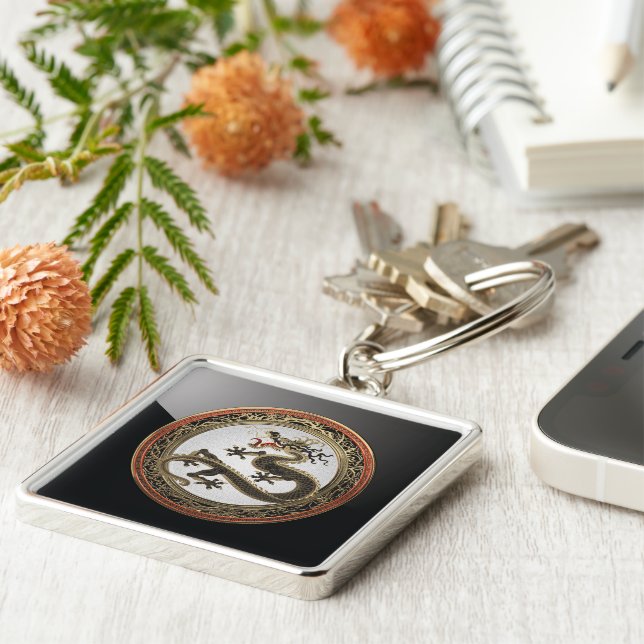 Porte-clés [600] Dragon oriental sacré noir et or (Côté)