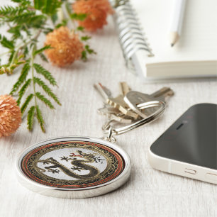 Porte-clés [600] Dragon oriental sacré noir et or