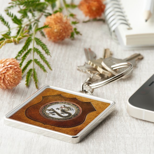 Porte-clés [600] Dragon oriental sacré noir et or (Côté)