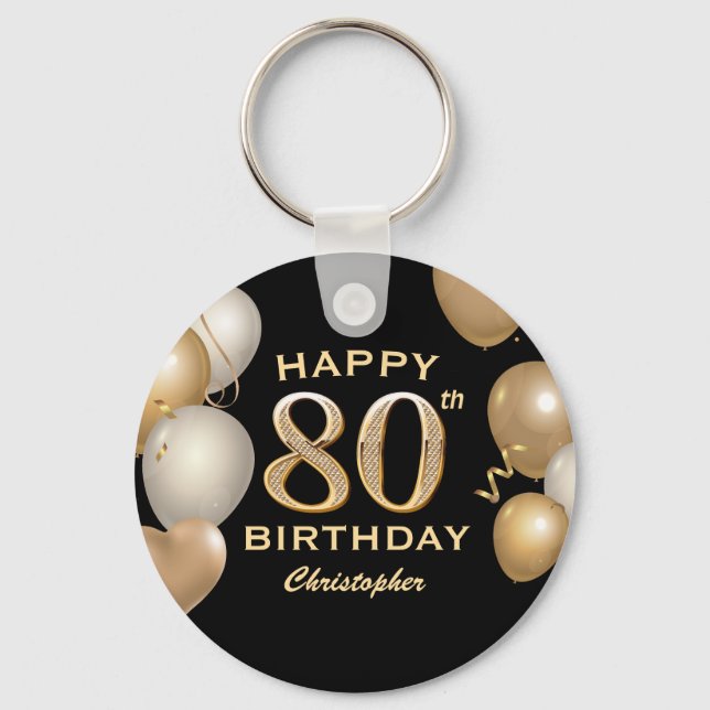 Porte-clés 80e fête d'anniversaire Ballons noirs et or (Recto)
