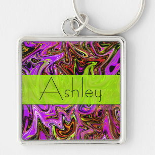 Porte-clés à tourbillons violet néon et vert avec