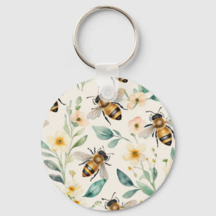 Porte-clés Abeilles et fleurs - Crème Floral Miel Motif