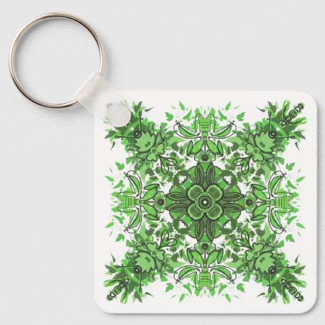 Porte-clés Abstract Floral Pattern In Black & Green On White (Recto)