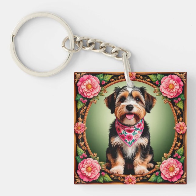 Porte-clés Adorable chien encadré par des fleurs colorées (Devant)