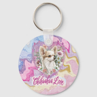 Porte-clés Adorable Chihuahua avec le thème rose fleurs