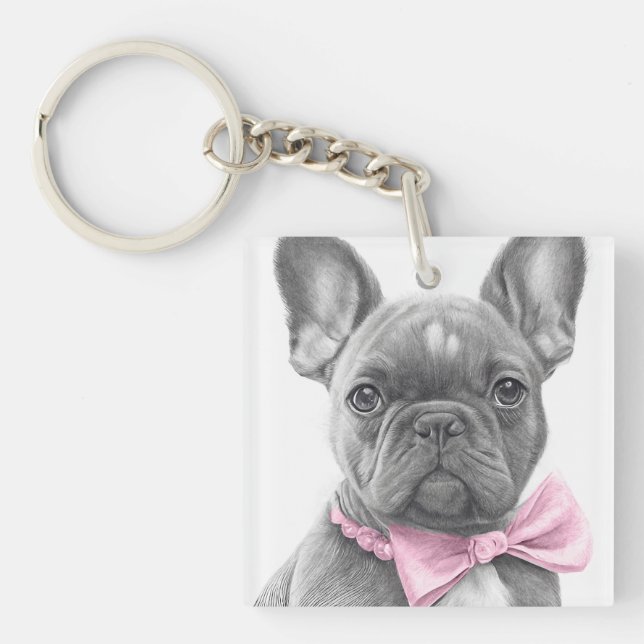 Porte-clés Adorable chiot français bulldog avec un arc rose (Devant)
