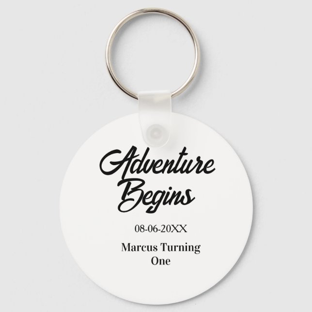 Porte-clés Adventure begins 1st birthday name date simple min (Recto)