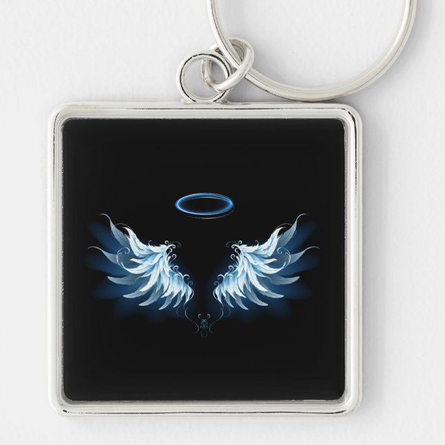 Porte-clés Ailes d'ange lumineuses bleues sur fond noir (Devant)