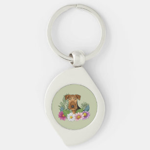 Porte-clés Airedale Terrier Et Fleurs D'Été Colorées Vert