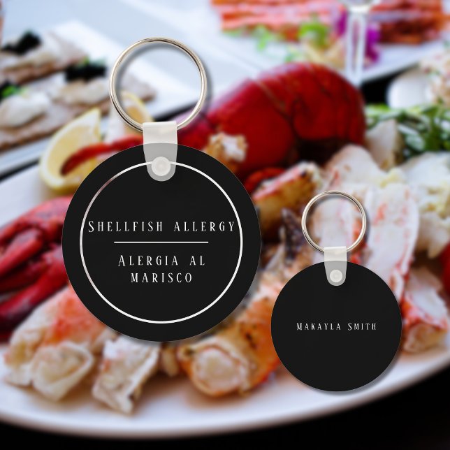 Porte-clés Allergie bilingue noire et blanche aux mollusques (Bilingual Shellfish allergy warning keychain, custom text, Spanish. Multilingual Project)