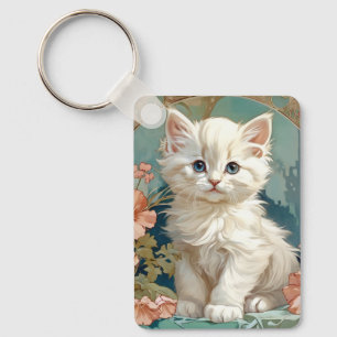 Porte-clés Alphonse Mucha Style Chat blanc