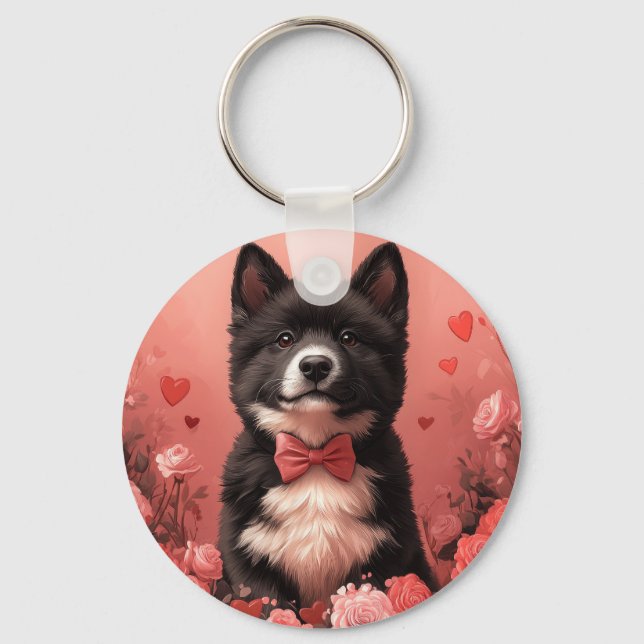 Porte-clés American Akita avec Rose - Saint Valentin (Recto)