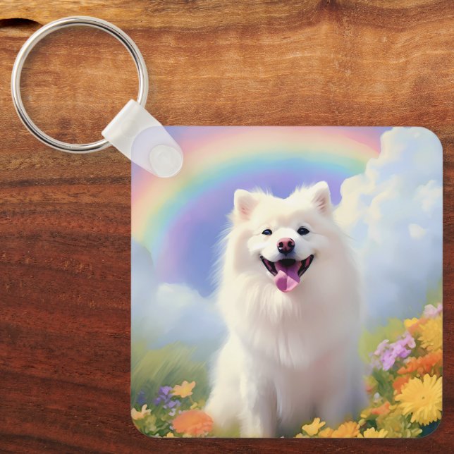 Porte-clés American Eskimo Dog Memorial Nom personnalisé Rain (Recto)