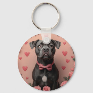 Porte-clés American Staffordshire avec Roses - Saint-Valentin