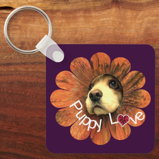 Porte-clés Amour de chiot sortant d'une fleur (Recto)