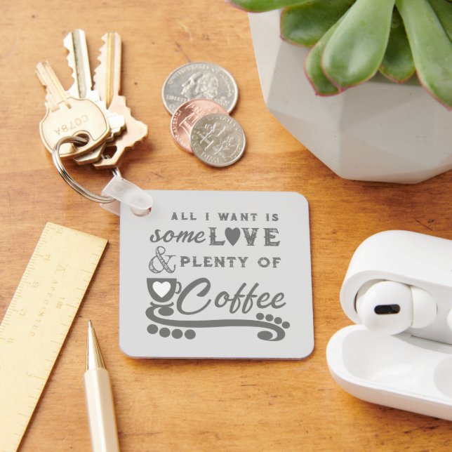 Porte-clés Amour et café ajouter initiales gris (Bureau)