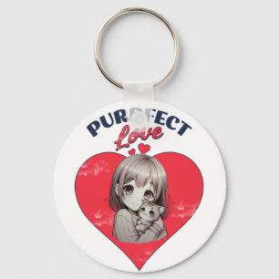 Porte-clés Amour Parfait Illustration de Fille au Chat Mignon