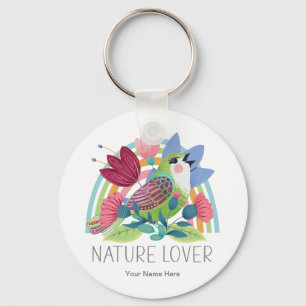 Porte-clés Amoureux de la nature Aquarelle Oiseau Fleurs Arc-