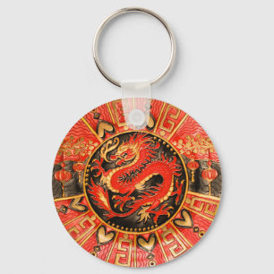Porte-clés Ancien Dragon chinois traditionnel Rouge Or Or