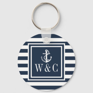 Porte-clés Ancre de bateau rayée bleu marine Monogramme