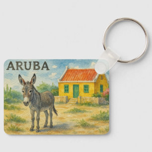 Porte-clés Âne d'Aruba avec maison cunucu jaune aquarelle