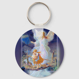 Porte-clés Ange gardien, enfants et pont