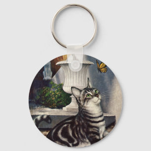 Porte-clés Animaux Vintage, Chat Tabby Mignon et Papillon