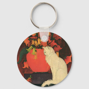 Porte-clés Animaux Vintage, Élégant Chat Blanc, Fleurs d'Auto