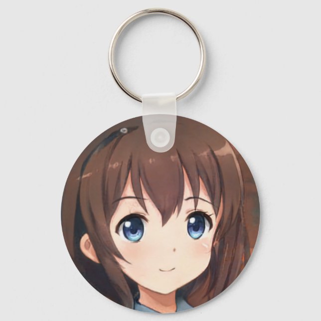 Porte-clés Anime manga souriant fille cheveux brun yeux bleu (Recto)