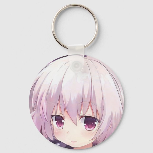 Porte-clés Anime mangue fille sourire cheveux lilas améthyste (Recto)