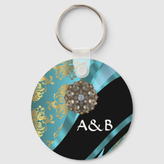 Porte-clés Aqua bleu & or damask faux cristal