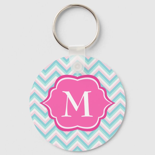 Porte-clés Aqua Blue Chevron rose blanc Monogramme Design (Recto)