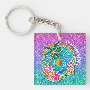 Porte-clés Aqua et Gold Ocean Palm Tree Paysage d'été