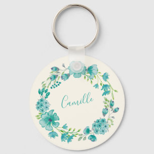 Porte-clés Aqua Sea Green Floral Wreath Personnalisé